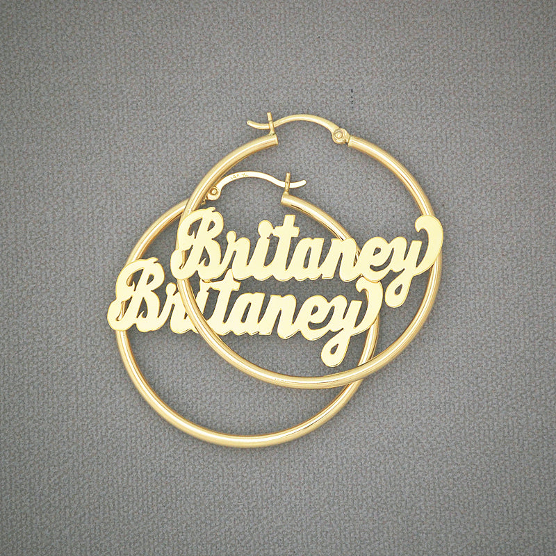 14k solid gold personalized name hoop earrings 1.5 inch with 2mm tubing
