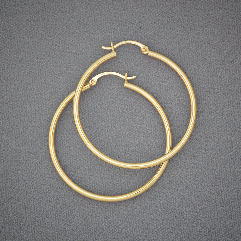 14k Real Gold 2 mm Shiny Round Tube Circle Hollow Plain Hoop Earrings 1.5 Inch