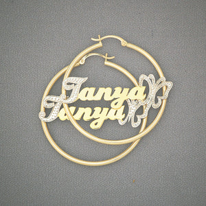 14k Gold Personalized Butterfly Name Hoop Earrings 1.75 inch 2mm Tube