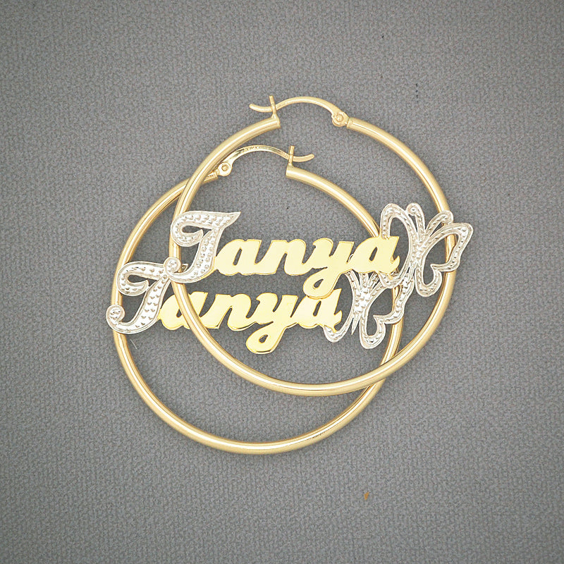 14k Gold Personalized Butterfly Name Hoop Earrings 1.75 inch 2mm Tube