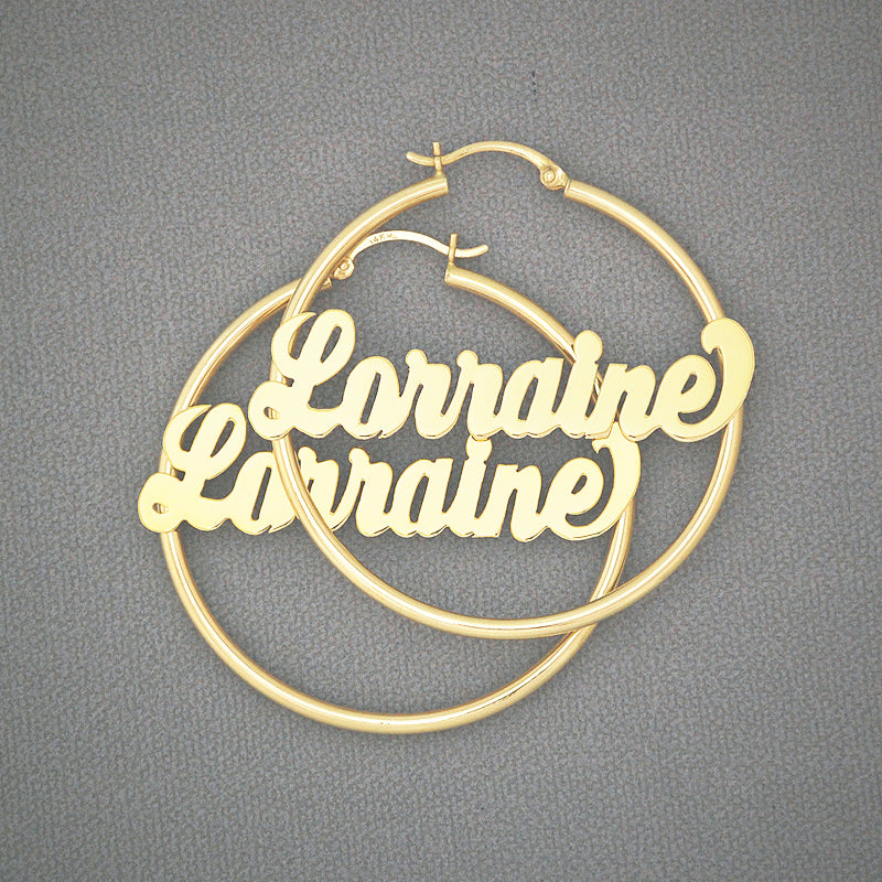 14K solid yellow gold personalized hoop name earrings with 2mm tube and 1.75 inch diameter