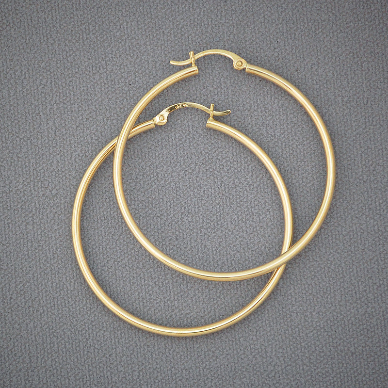 14k Real Gold 2 mm Shiny Round Tube Circle Hollow Plain Hoop Earrings 1.75 Inch