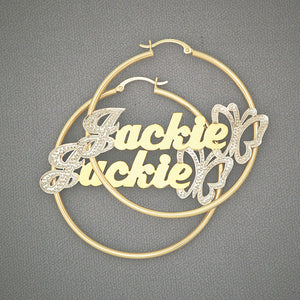 14k solid yellow gold 2-inch hoop earrings with custom script name and iced-out butterfly accent