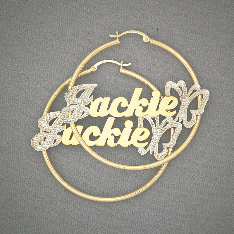 14k solid yellow gold 2-inch hoop earrings with custom script name and iced-out butterfly accent