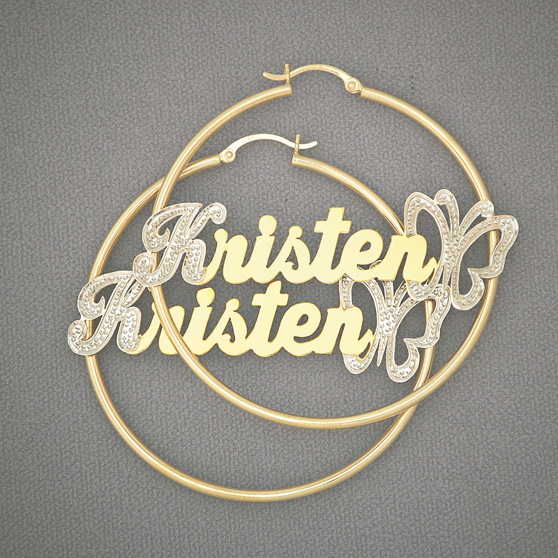 Handcrafted 14K two-tone gold personalized name hoop earring with diamond-cut iced-out butterfly accent (2.2 inch / 55mm diameter)
