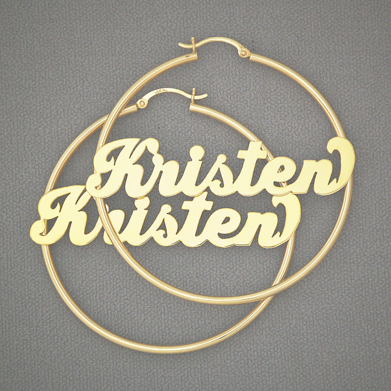 14K yellow gold 2 inch personalized name hoop earrings with 2mm tubing and cursive script