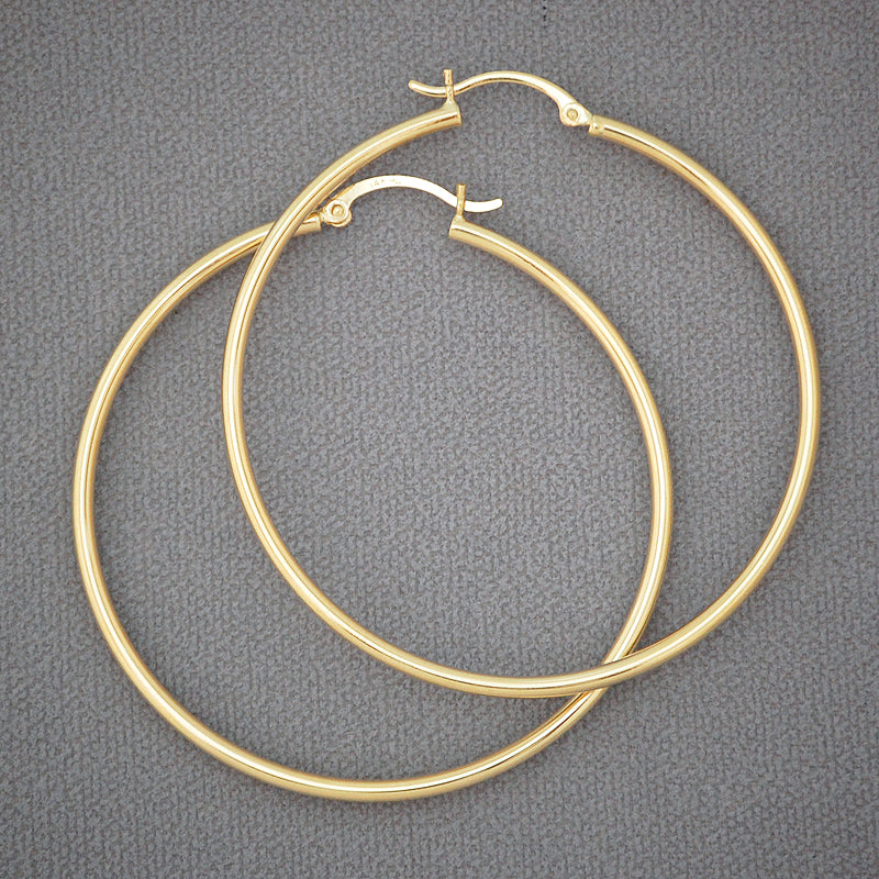 14K yellow gold 2mm hollow round tube hoop earrings, 2.1 inch (55mm) diameter
