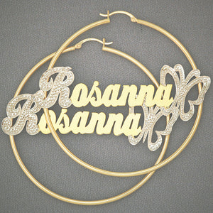 Personalized 14k yellow gold 2.5 inch two-tone hoop earrings with custom nameplate and diamond accent butterfly detail