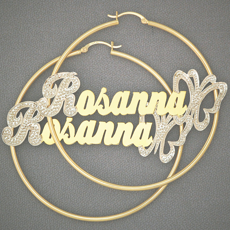 Personalized 14k yellow gold 2.5 inch two-tone hoop earrings with custom nameplate and diamond accent butterfly detail
