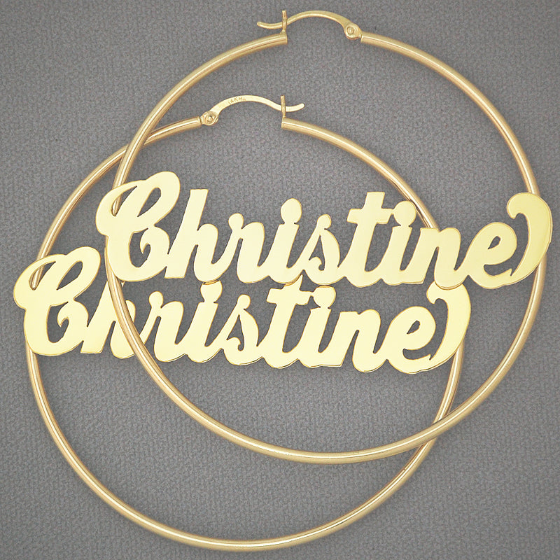 14K yellow gold custom name hoop earrings in cursive script, 2.5 inch diameter
