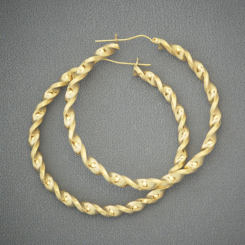 Pair of 10K yellow gold 4mm twisted hoop earrings 2 inch diameter