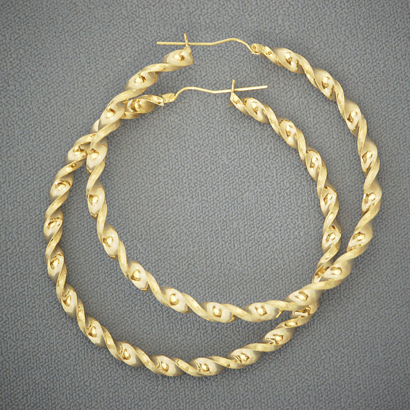 Real 10k Gold 4 mm Twisted Round Hollow Circle Hoop Earrings Large Size 2.75 inches Diameter.