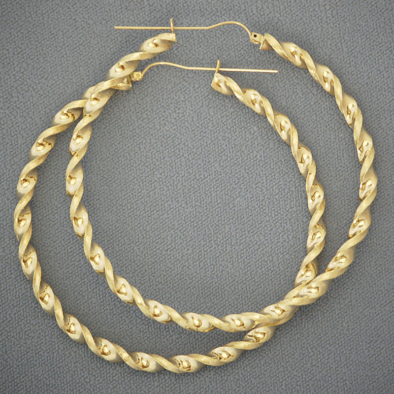 10K yellow gold 4mm twisted round hoop earrings 3 inch diameter on white background