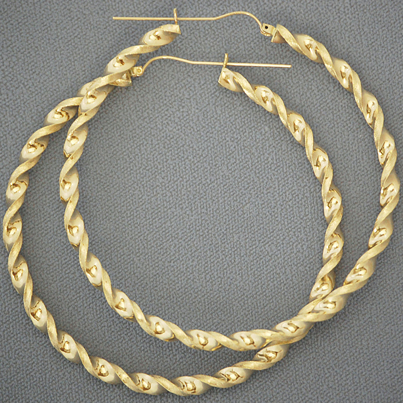 Pair of 10k yellow gold 3.5 inch extra large twisted hoop earrings with 4mm thickness and hinged snap closure