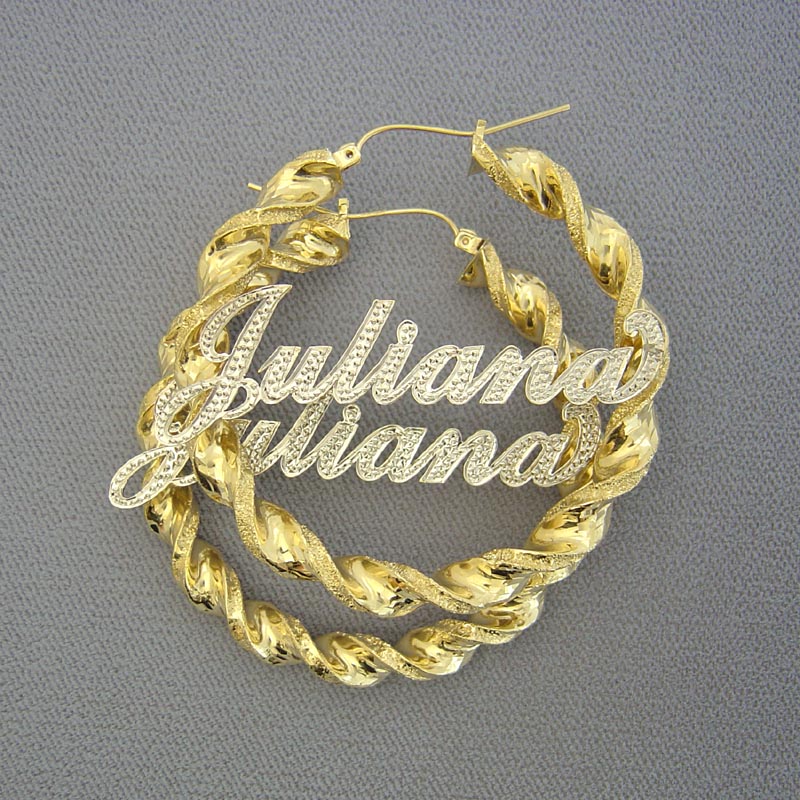 Pair of 10K real gold 2.3 inch twisted hoop earrings with customized iced out nameplate