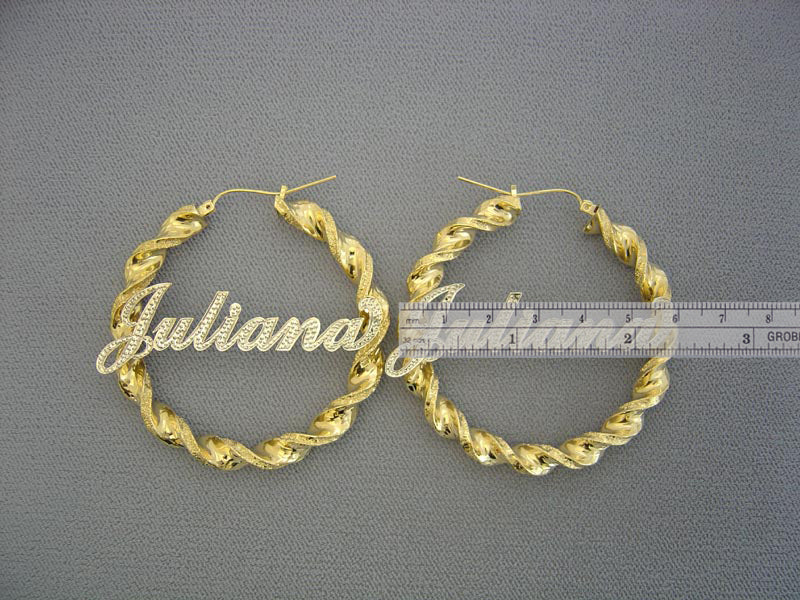 10k Personalized Iced Out Names 6 mm Twisted Hoop Earrings 2.3 inches Real Gold Customized Diamond Accent