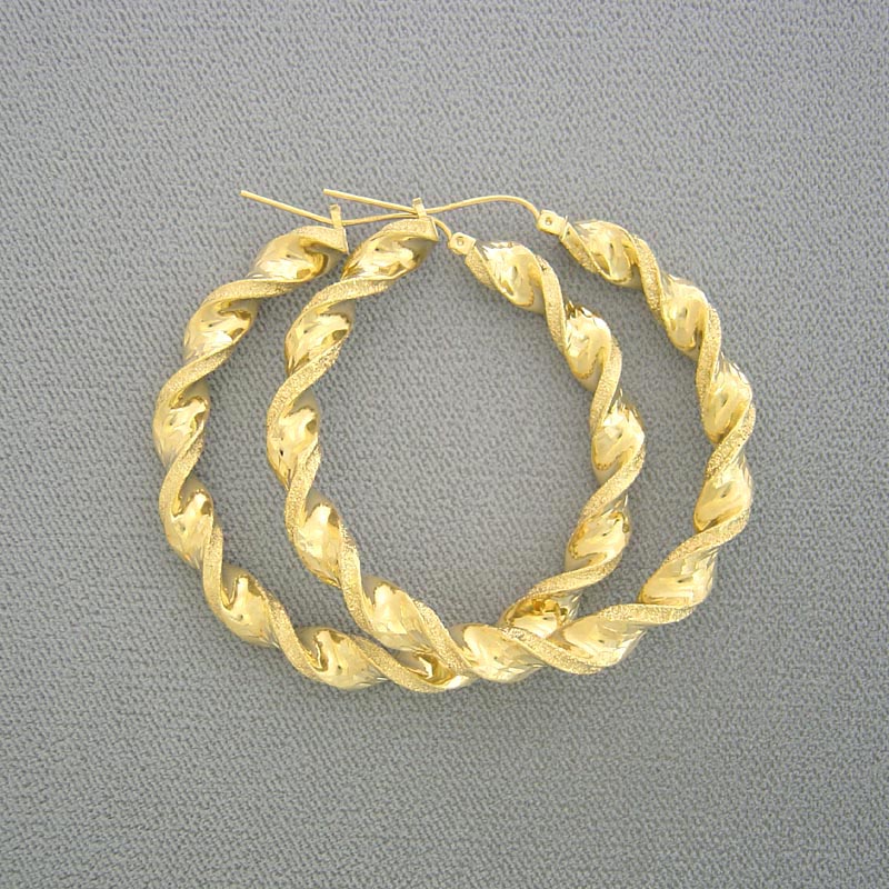 10k yellow gold 6mm twisted round hoop earrings 2 3/8 inch diameter
