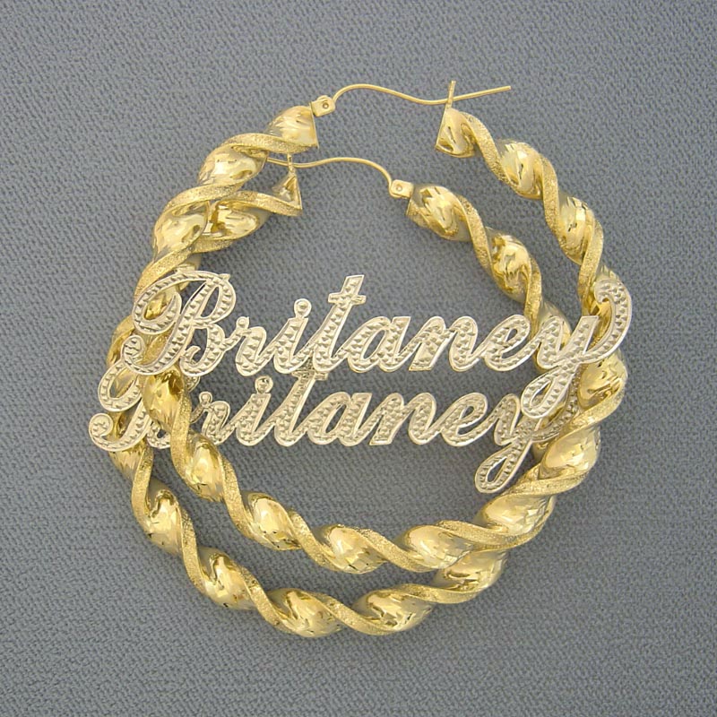 Custom 10k Gold Personalized Iced Out Name Hoop Earrings with 6mm Twisted Hoop