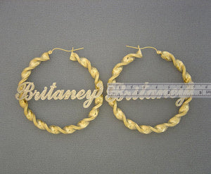 Two-tone 10k real gold 2.75 inch twisted hoop earrings with custom iced out nameplate