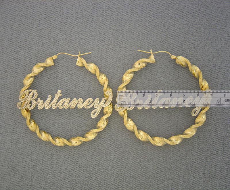 Two-tone 10k real gold 2.75 inch twisted hoop earrings with custom iced out nameplate