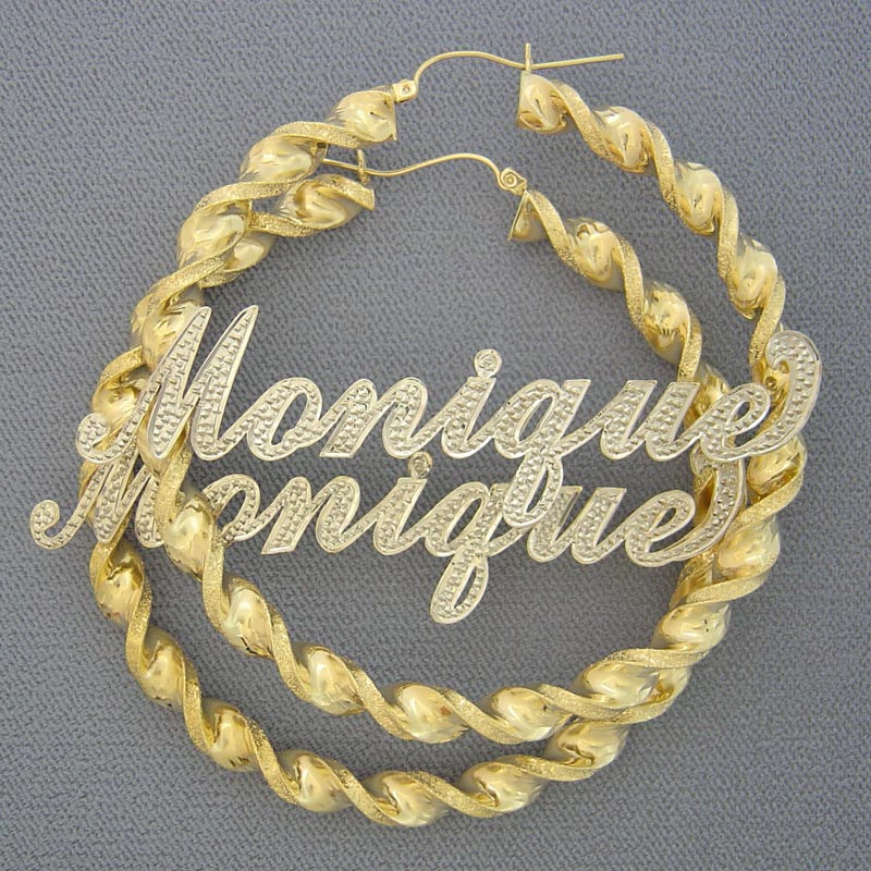 Custom 10K gold iced out nameplate on 3 inch 6mm twisted hoop earrings