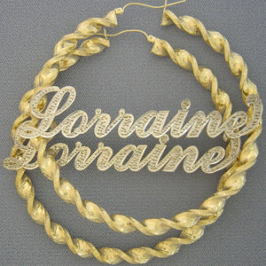 Custom 10K gold iced out name hoop earrings with extra large 3.5 inch twisted tube design