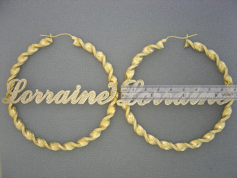Pair of 6mm two-tone 10K gold twisted hoop earrings with custom personalized nameplate