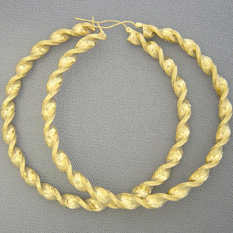 10K yellow gold 6mm extra large twisted round hollow hoop earrings 3.5 inch diameter