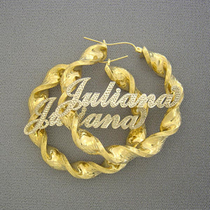 Custom 10K two-tone gold iced out name 8mm twisted hoop earrings 2 inch