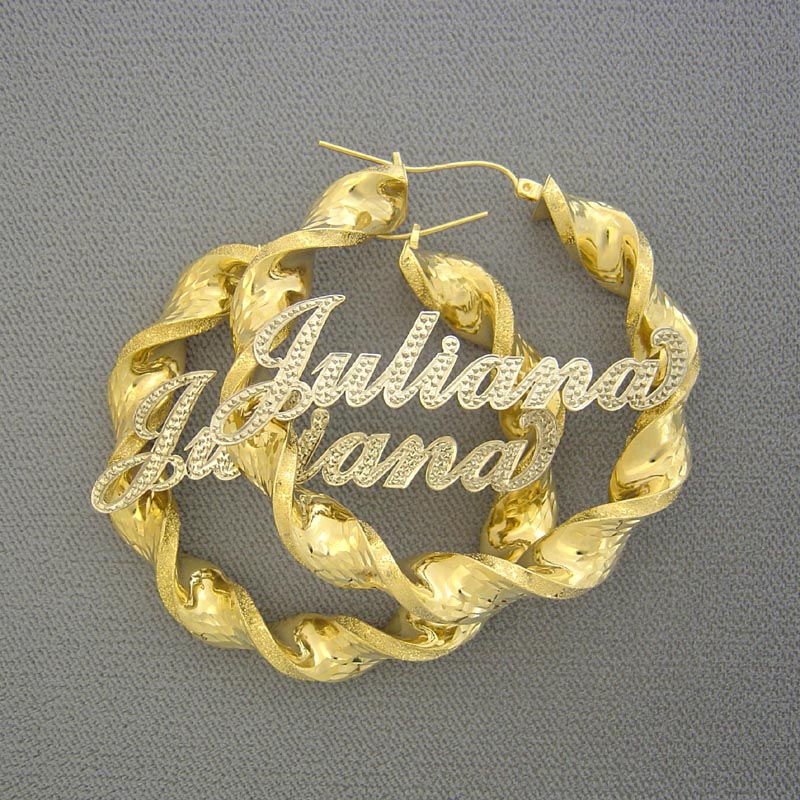 Custom 10K two-tone gold iced out name 8mm twisted hoop earrings 2 inch