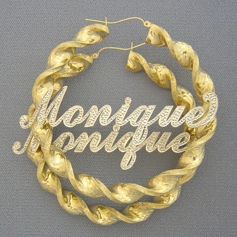 Pair of 10k solid gold custom iced out name hoop earrings, 2.75 inch twisted design