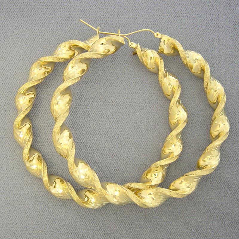 10K yellow gold 8mm thick twisted hoop earrings 2.75 inch diameter