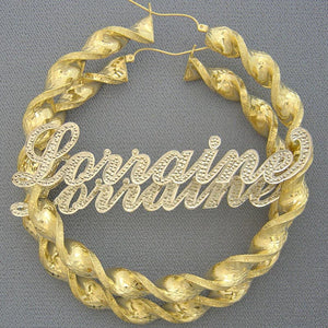 Custom 10k gold iced out nameplate on 3-inch 8mm twisted hoop earring