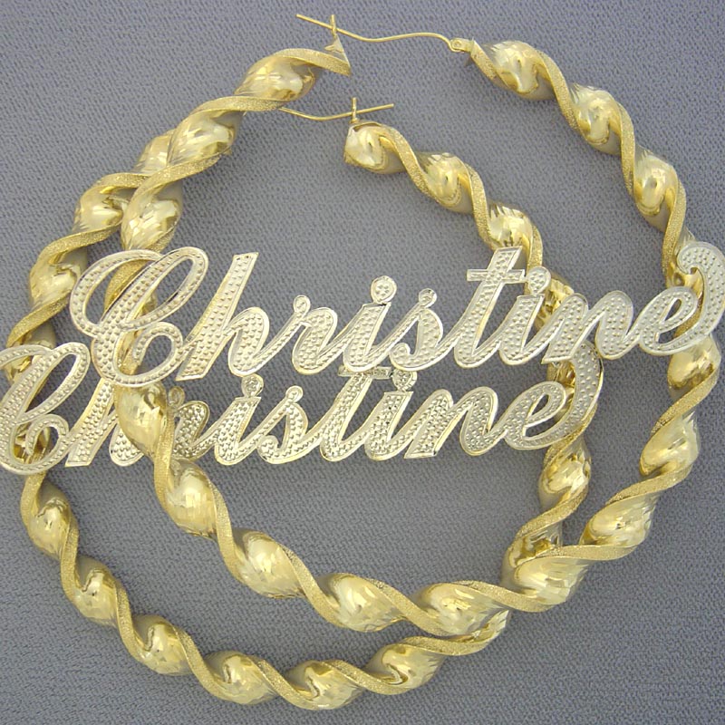 10K gold custom iced out name 8mm twisted hoop earrings 3.5 inch