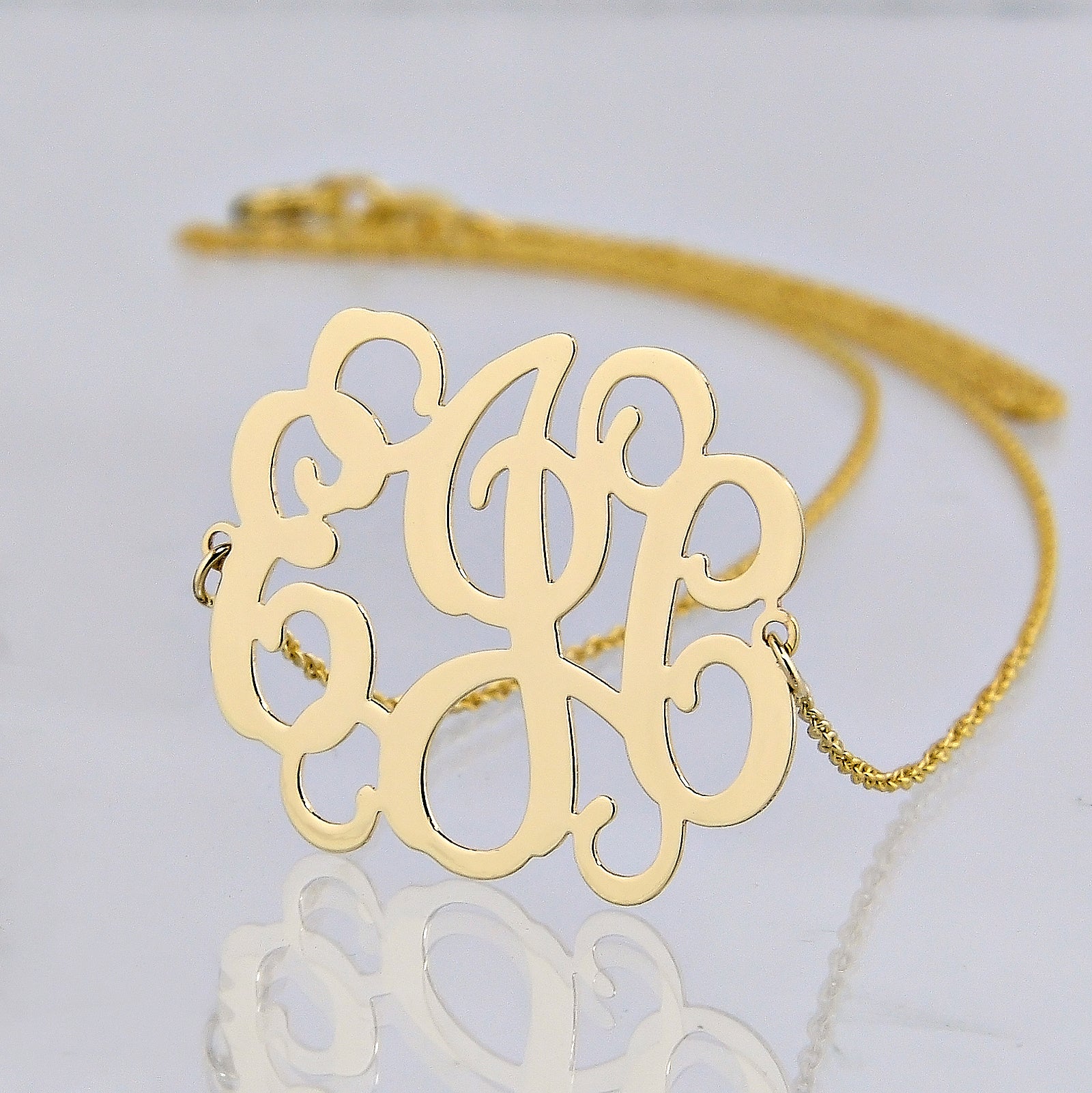Solid 10K & 14K Gold 3-Initial Sideway Monogram Necklace (1 Inch)