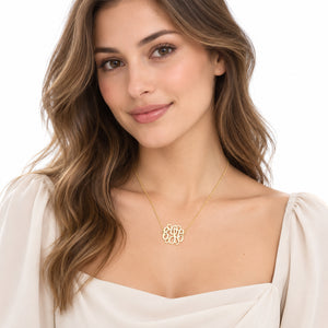 Solid 10K & 14K Gold 3-Initial Sideway Monogram Necklace (1 Inch)