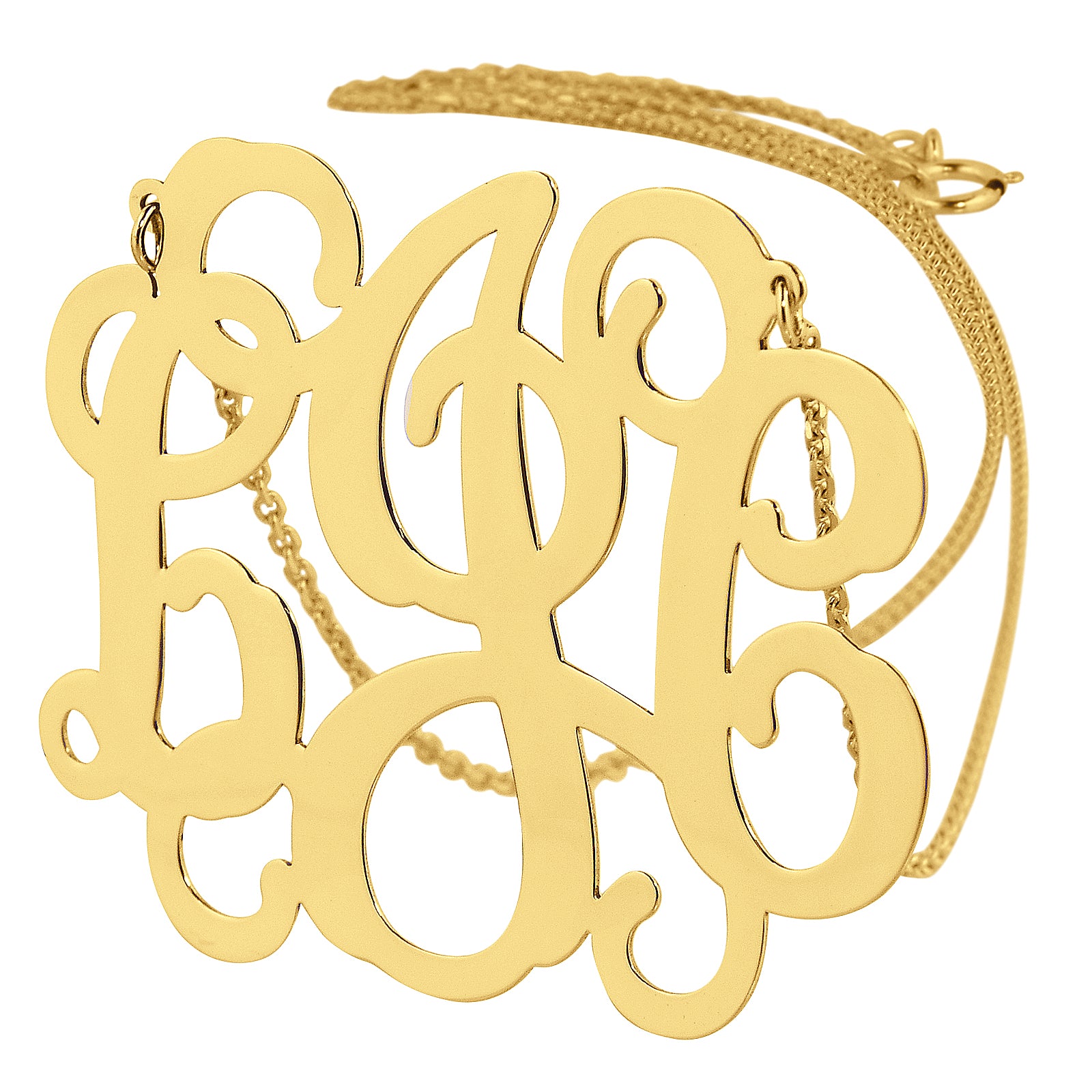 1.5-inch solid gold 3 initial monogram necklace in 10k yellow gold