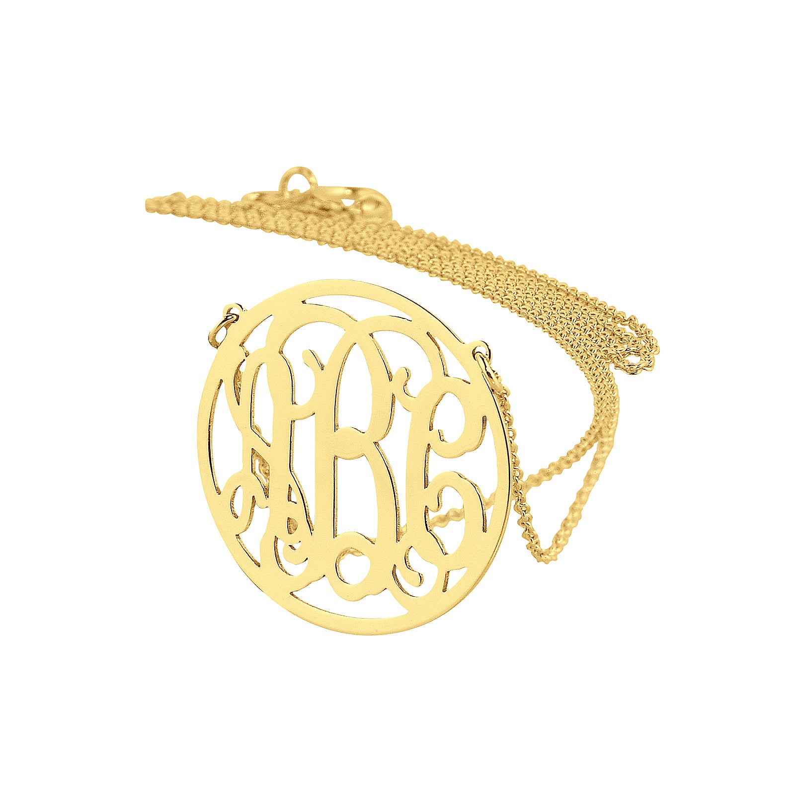 14k solid yellow gold circle monogram necklace with 3 interlocking initials 0.75 inch diameter