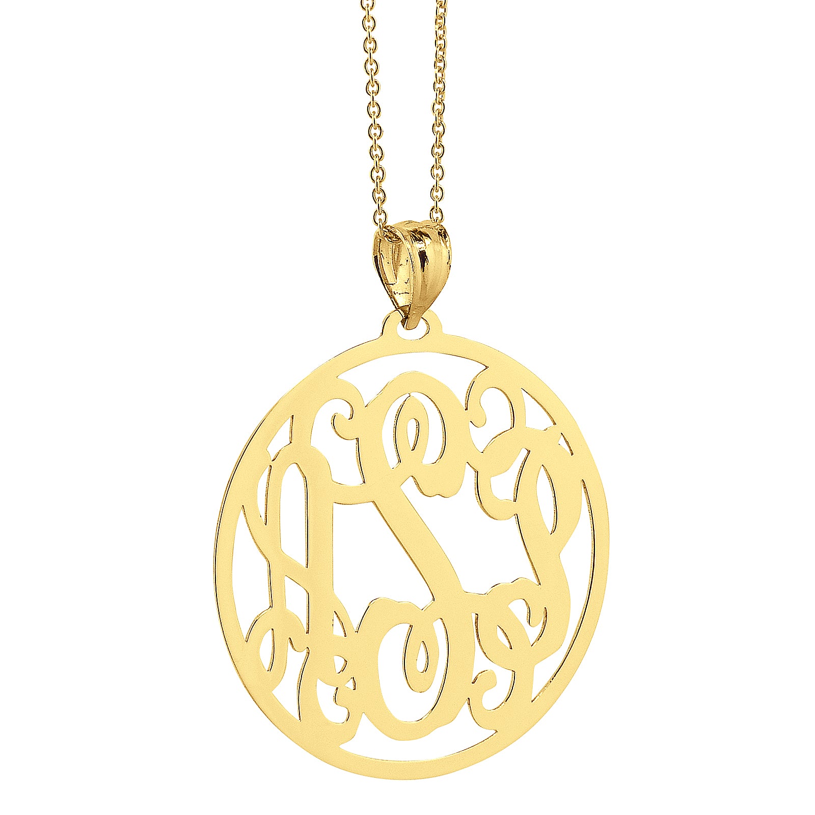 Gold monogram necklace on a white background