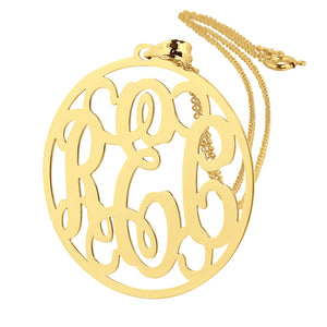 1.25 inch 14k solid yellow gold circle monogram pendant with 3 personalized initials