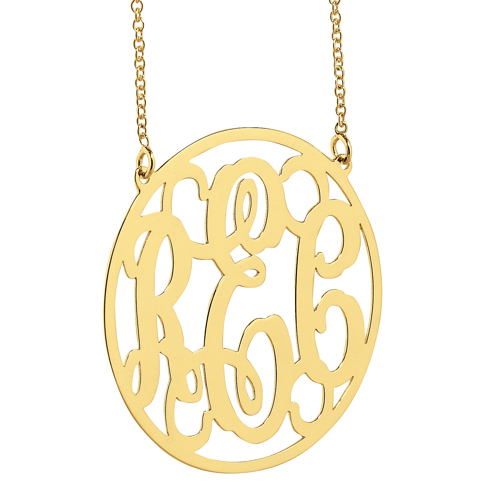 laser-cut solid gold monogram pendant showing customized script initial craftsmanship