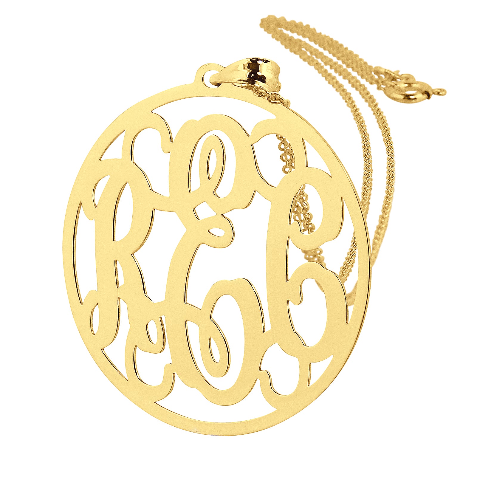 1.25 inch 14k solid yellow gold circle monogram pendant with 3 personalized initials