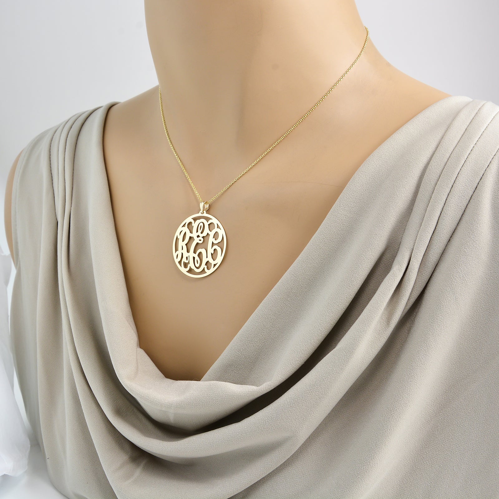 10k gold customized 3-initial circle monogram necklace on rolo chain on mannequin