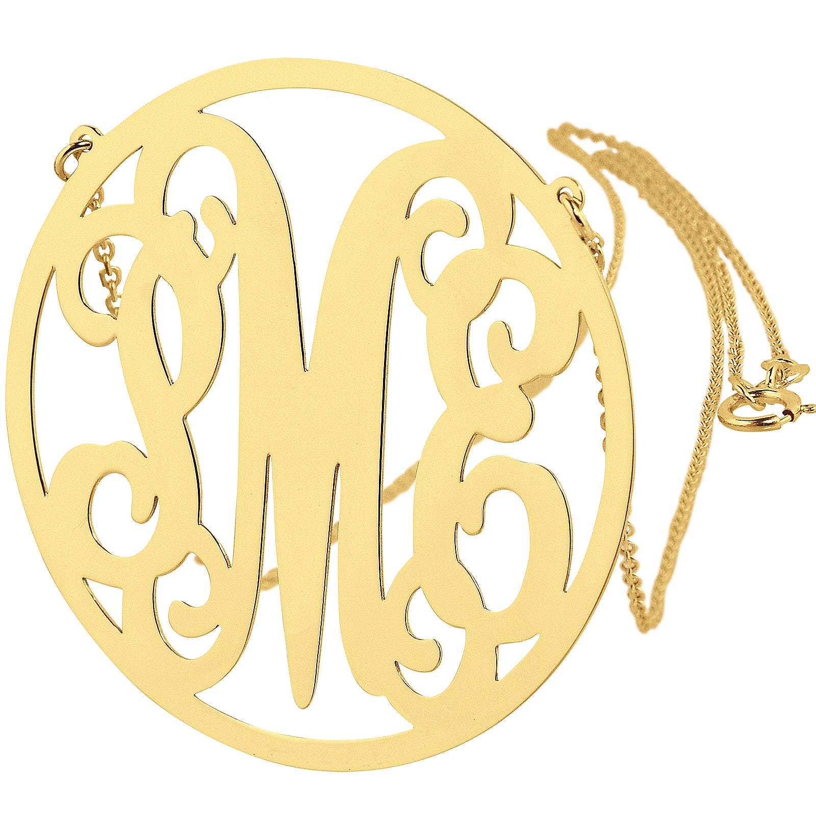1.5 inch large 14k yellow gold 3 initial circle monogram necklace