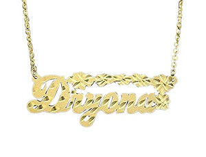 Custom laser cut 14k gold personalized name pendant with flower detail and sturdy split chain