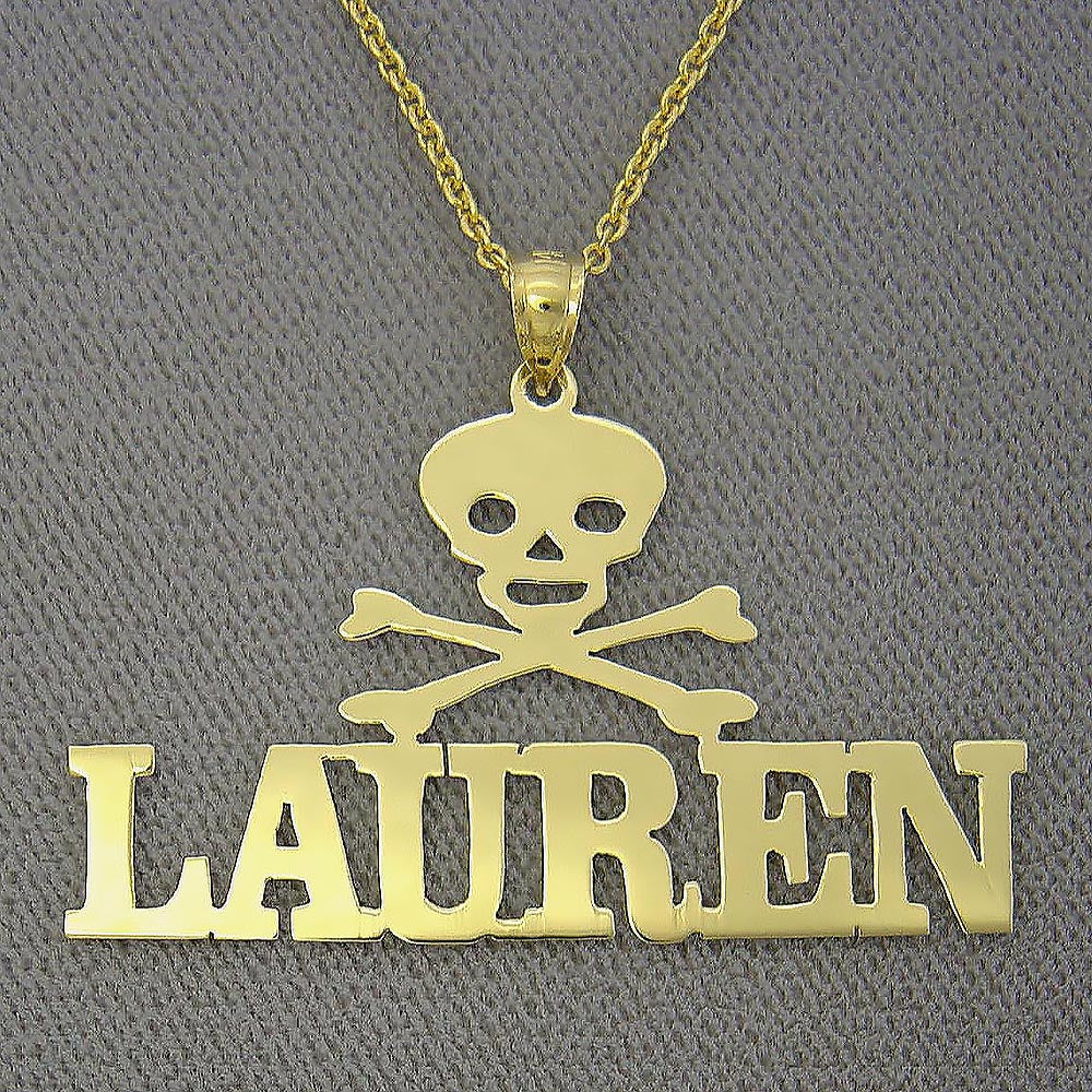 Real 10k or 14k Personalized Jewelry Gold Name Necklace Skull Crossbones Customized Nameplate