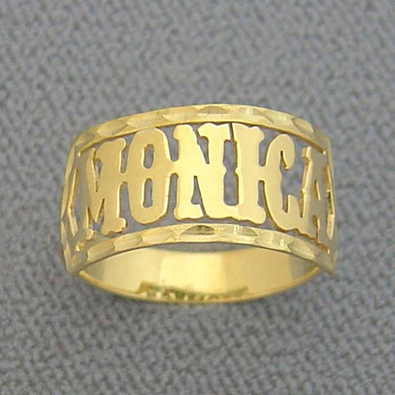 Solid 10k gold personalized name ring with MONICA in a Western style font