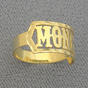 Solid 10k yellow gold personalized name ring customized with MONICA in Western style font