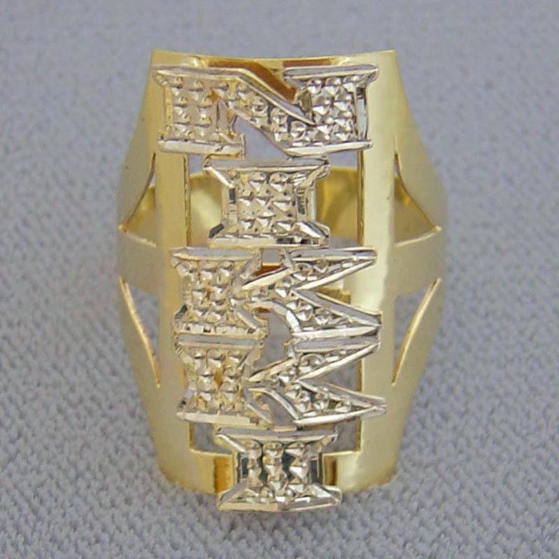 Custom solid 10k or 14k two-tone gold personalized name ring with diamond-cut rhodium lettering on high-polished gold band