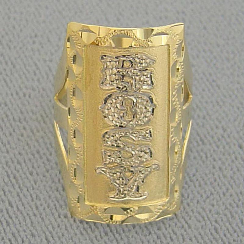 Handcrafted two-tone solid gold custom nameplate ring with diamond accents showing detailed pavé lettering